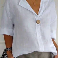 Women's White Top | V-Neck Button Relaxed Linen