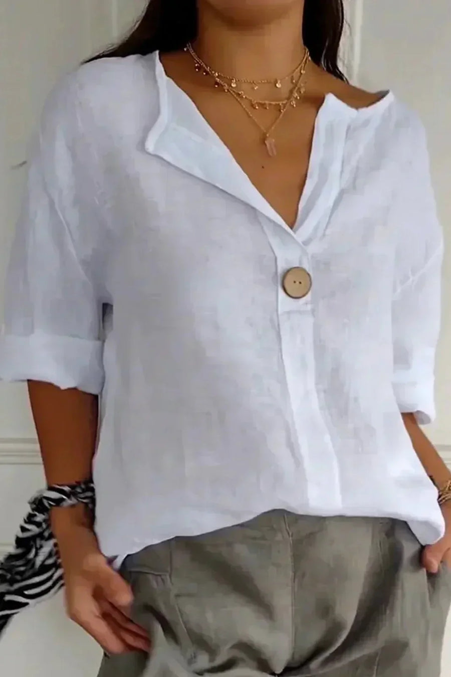 Women's White Top | V-Neck Button Closure Relaxed Linen