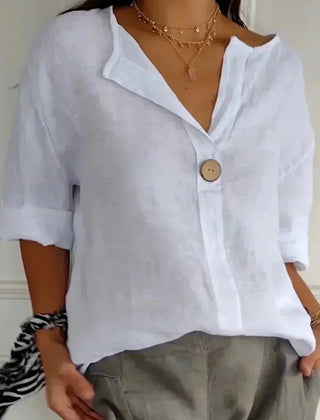 Women's Linen Top | V-Neck Button Closure Three-Quarter Sleeve