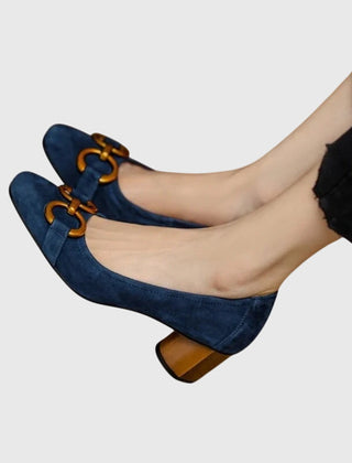 Women's High Heels | Suede Buckle Closure Block Heel Square Toe
