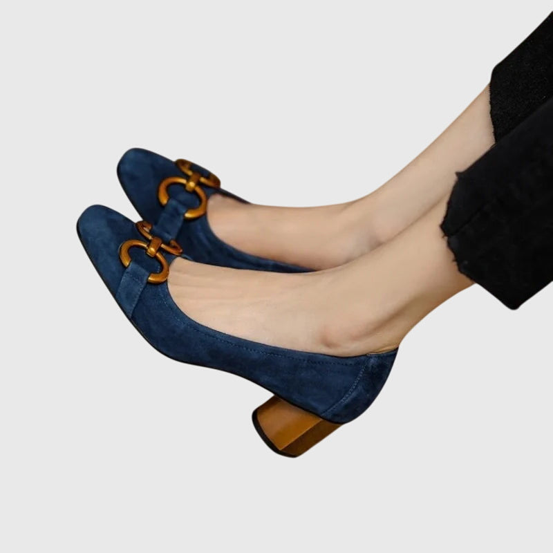 Women's High Heels | Suede Buckle Closure Block Heel Square Toe