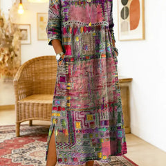 Women's Denim Dress | Midi Length Round Neckline Patchwork Print