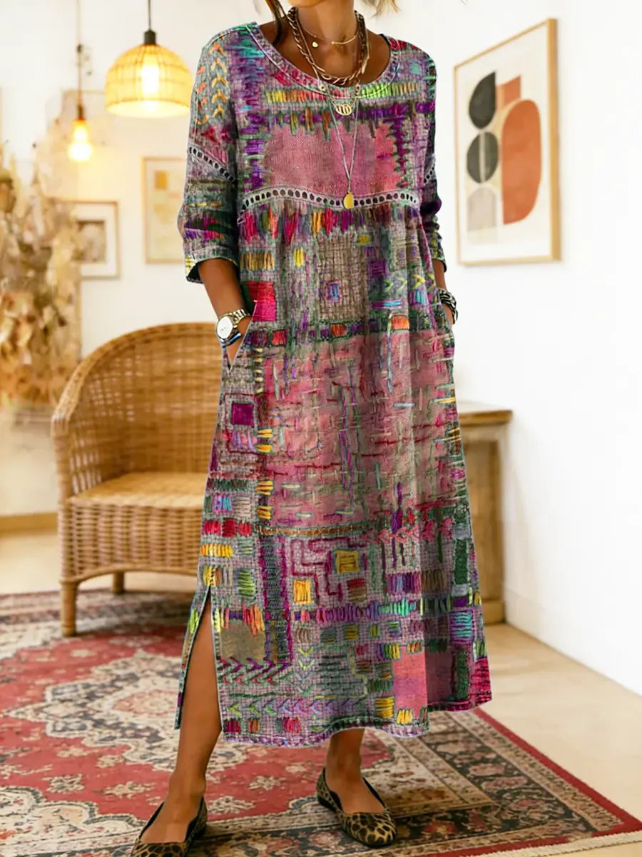Women's Denim Dress | Midi Length Round Neckline Patchwork Print