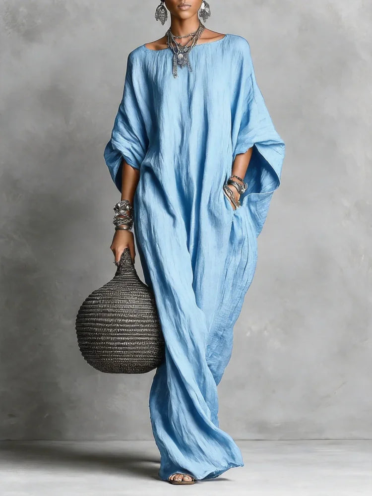Women's Long Dress | Relaxed Silhouette Batwing Sleeve Linen