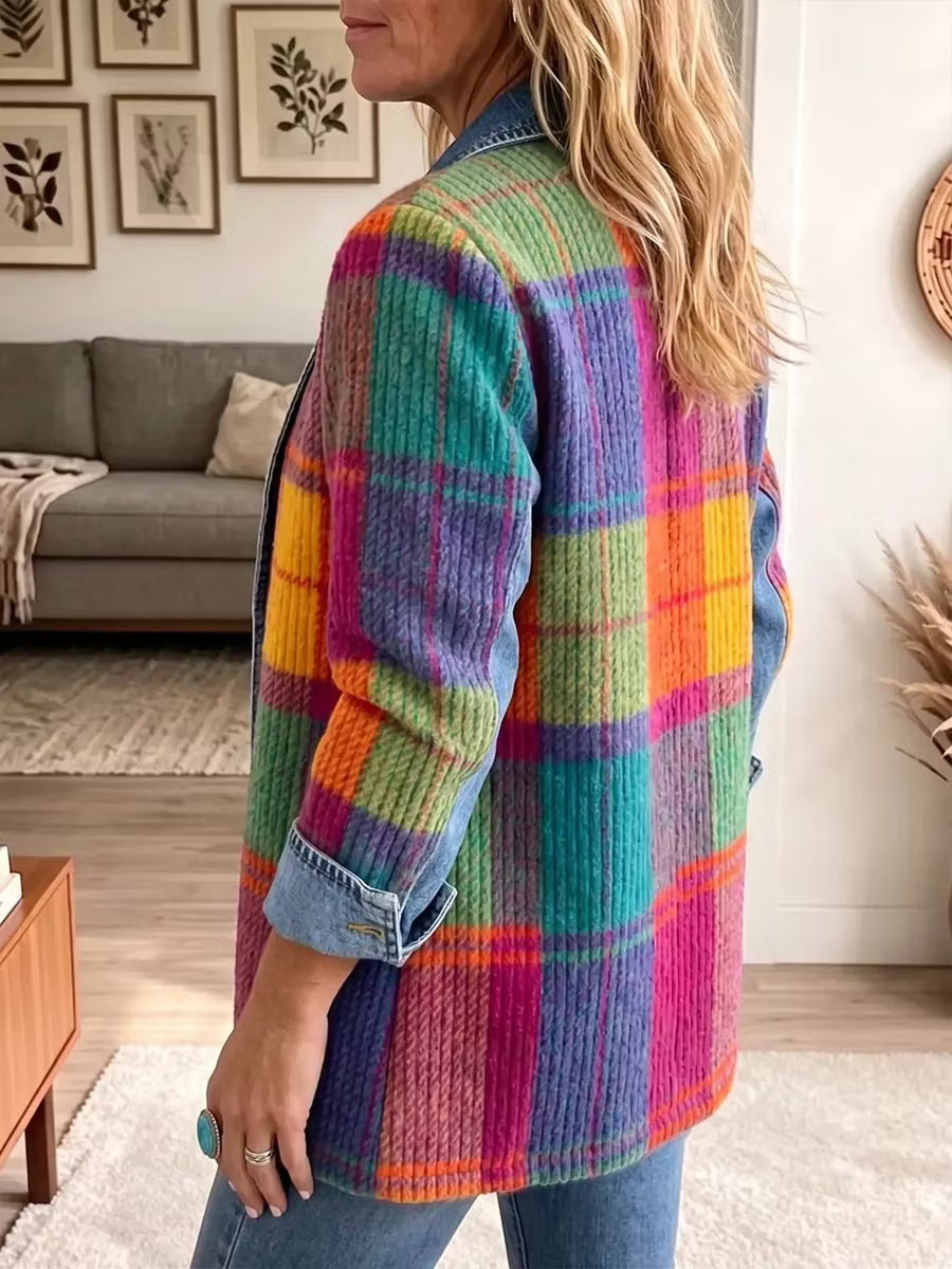 Women's Denim Jacket | Plaid Knit Relaxed Fit Button Front