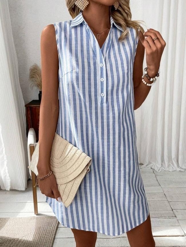 Women's Shirt Dress | V-Neck Sleeveless Mini Striped Button-Front