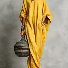 Women's Long Dress | Relaxed Silhouette Batwing Sleeve Linen