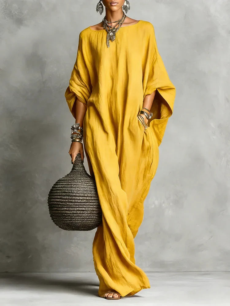 Women's Long Dress | Relaxed Silhouette Batwing Sleeve Linen