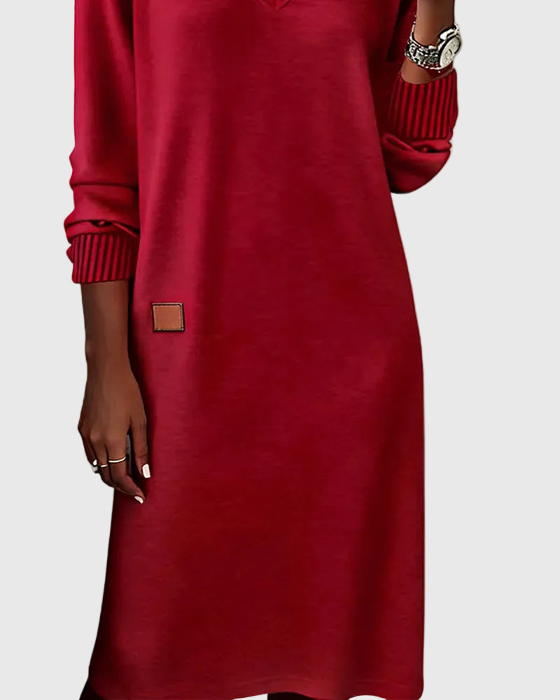 Women's Red Dress | V-Neck Long Sleeve Midi Knit