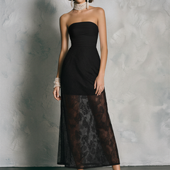 Women's Lace Maxi Dress | Strapless Ruched Bodice Sheer Overlay