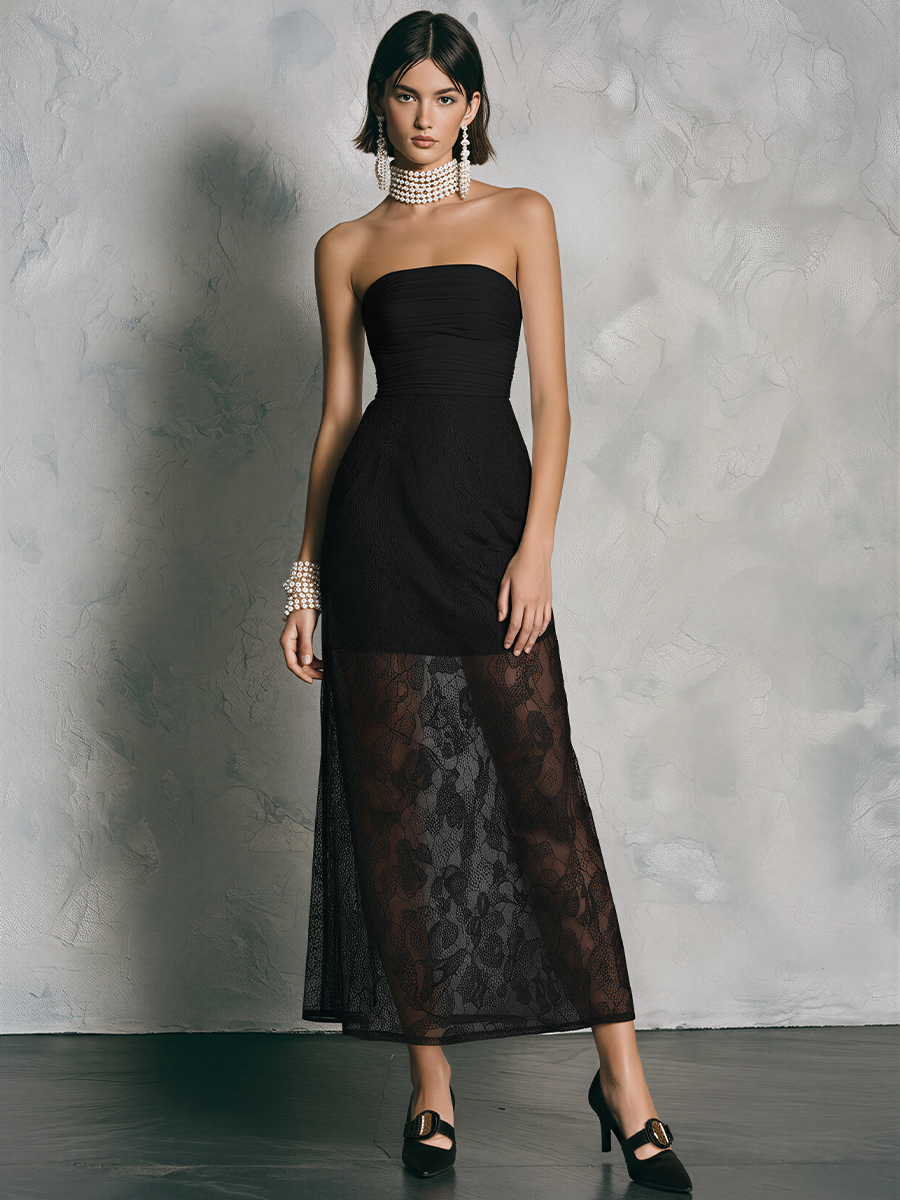 Women's Lace Maxi Dress | Strapless Ruched Bodice Sheer Overlay