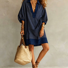 Women's Summer Dress | Midi Shirt Collar Puffed Sleeve Leopard Trim