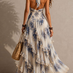 Women's Halterneck Dress | Maxi Ruffled Floral Tie Closure