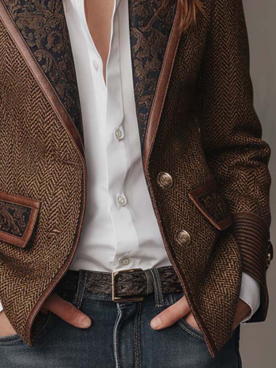 Women's Blazer | Tweed Herringbone Button Closure Tailored
