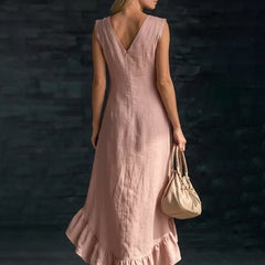 Women's Cotton Maxi Dress | V-Neck Sleeveless Ruffled Hem