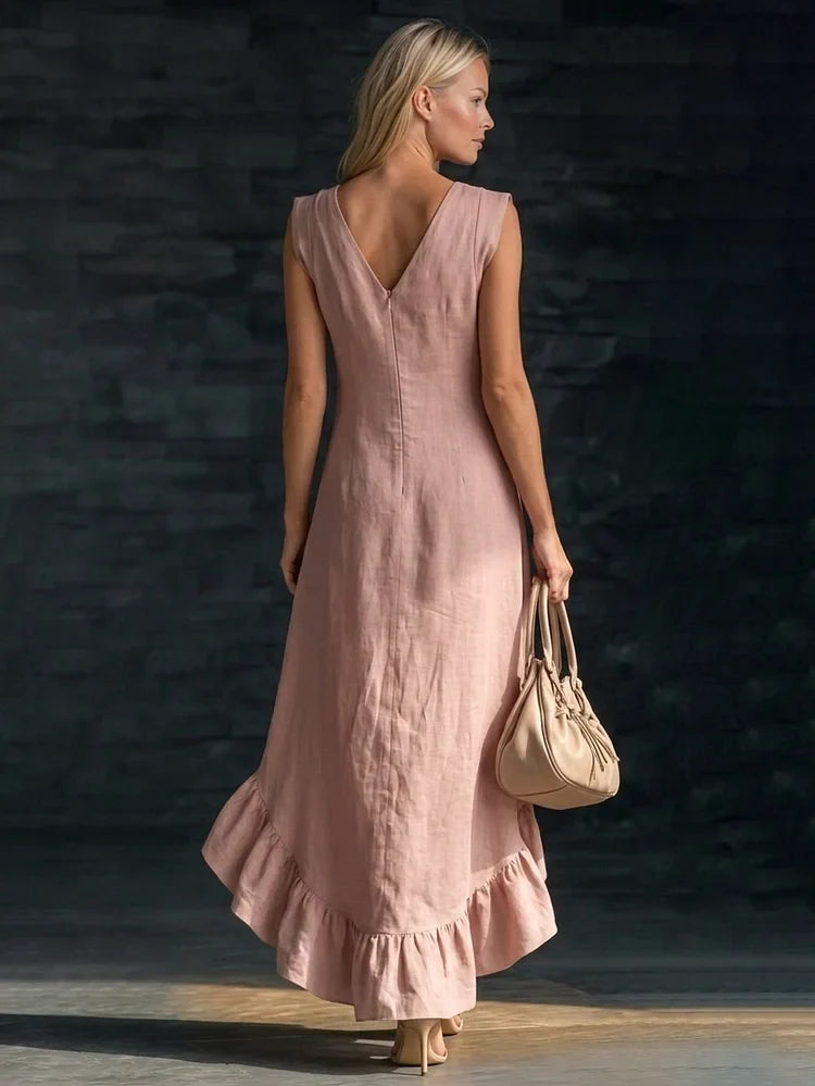 Women's Cotton Maxi Dress | V-Neck Sleeveless Ruffled Hem