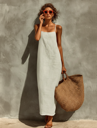 Women's Cotton Dress | Maxi Square Neck Spaghetti Sleeveless