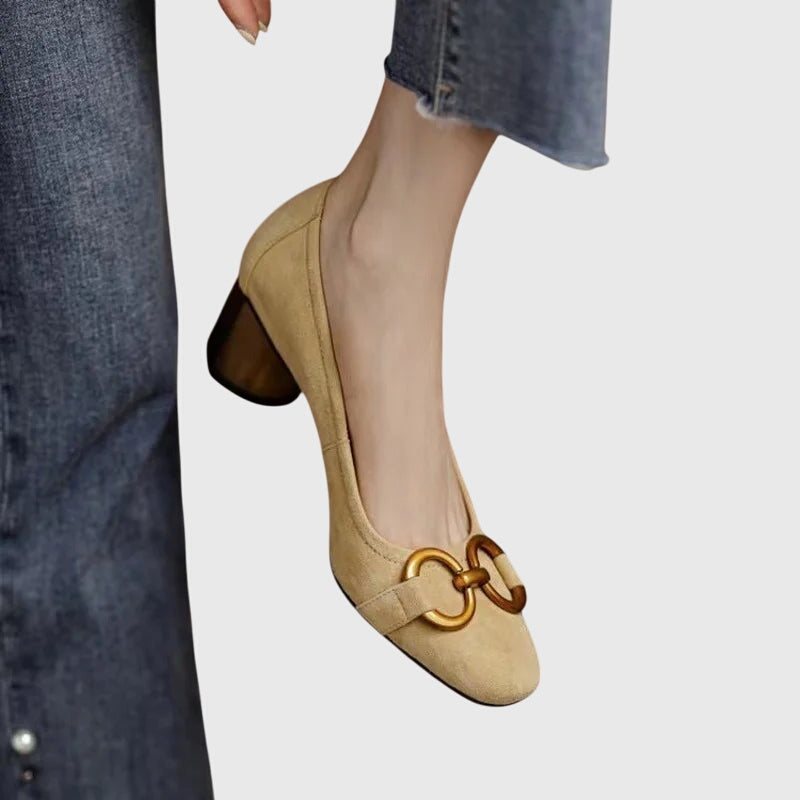 Women's High Heels | Suede Buckle Closure Block Heel Square Toe