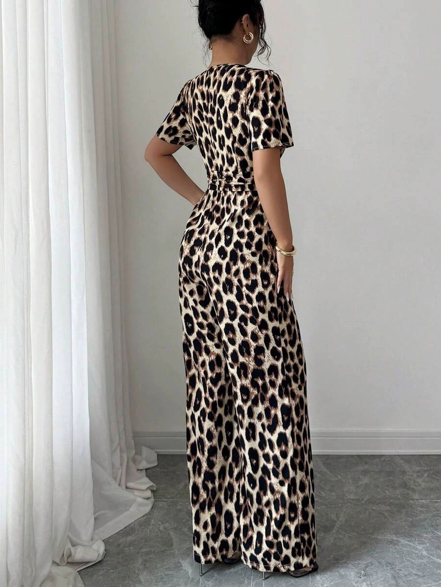 Women's Jumpsuit | Wrap Neckline Wide Leg Leopard Print