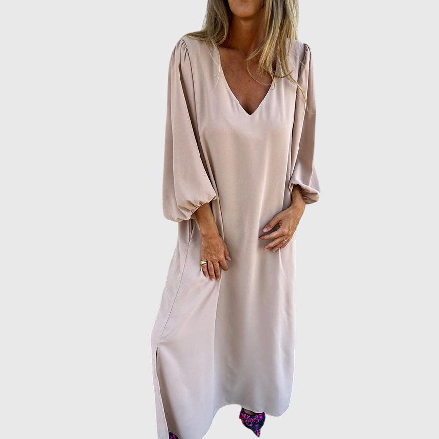 Women's Boho Dress | V-Neck Puff Sleeve Midi Pockets