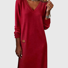 Women's Red Dress | V-Neck Long Sleeve Midi Knit
