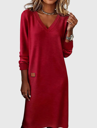 Women's Red Dress | V-Neck Long Sleeve Midi Knit