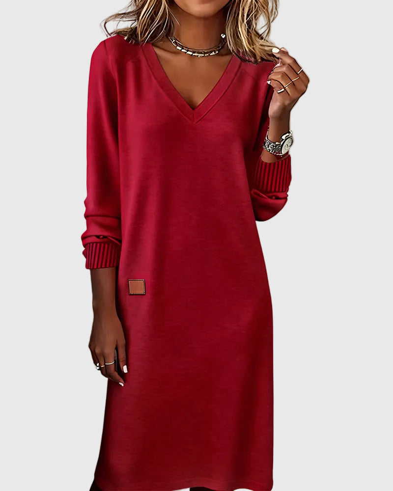Women's Red Dress | V-Neck Long Sleeve Midi Knit