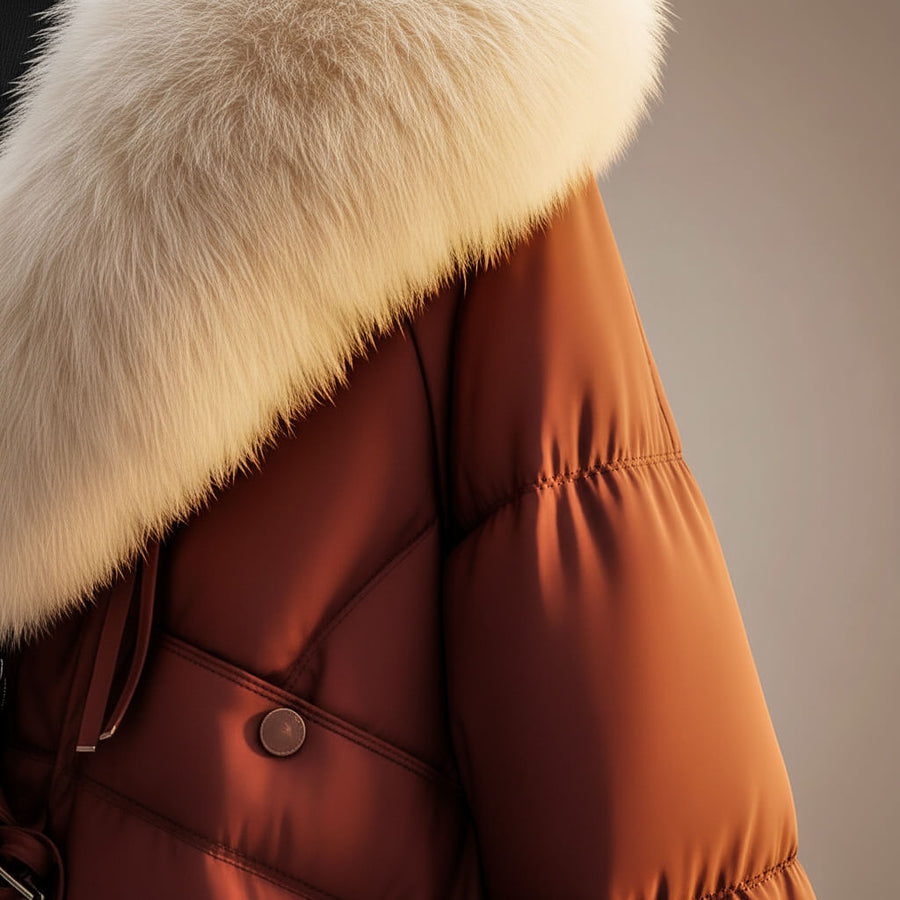 Women's Quilted Coat | Oversized Fur Collar Zip Front Padded