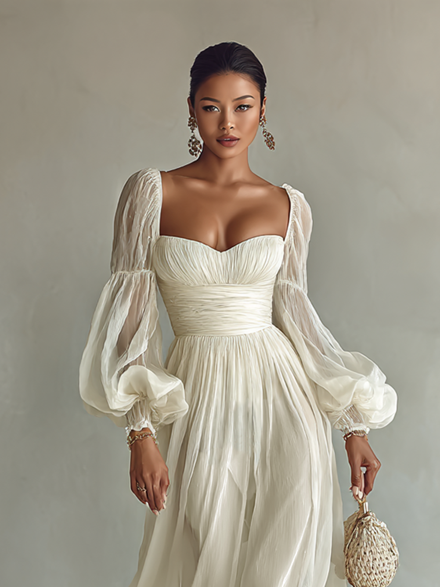 Women's Hens Day Dress | Square Neck Long Sleeve Maxi Chiffon
