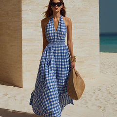Women's Cotton Maxi Dress | Halter V-Neck Sleeveless Plaid
