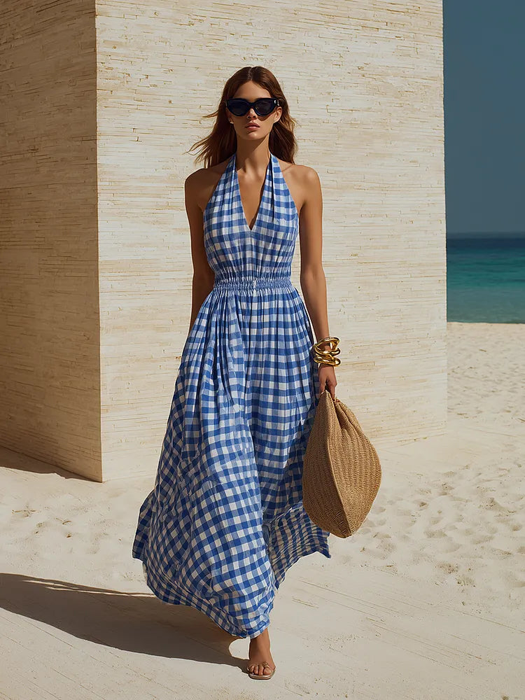 Women's Cotton Maxi Dress | Halter V-Neck Sleeveless Plaid