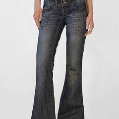 Stylish women's low rise slim flare jeans, Y2K-inspired blue denim with a comfortable, retro fit.