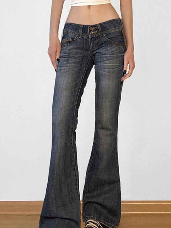 Stylish women's low rise slim flare jeans, Y2K-inspired blue denim with a comfortable, retro fit.