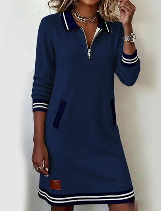 Women's Casual Mini Dress | Quarter-Zip Collar Striped Cuffs Relaxed Fit
