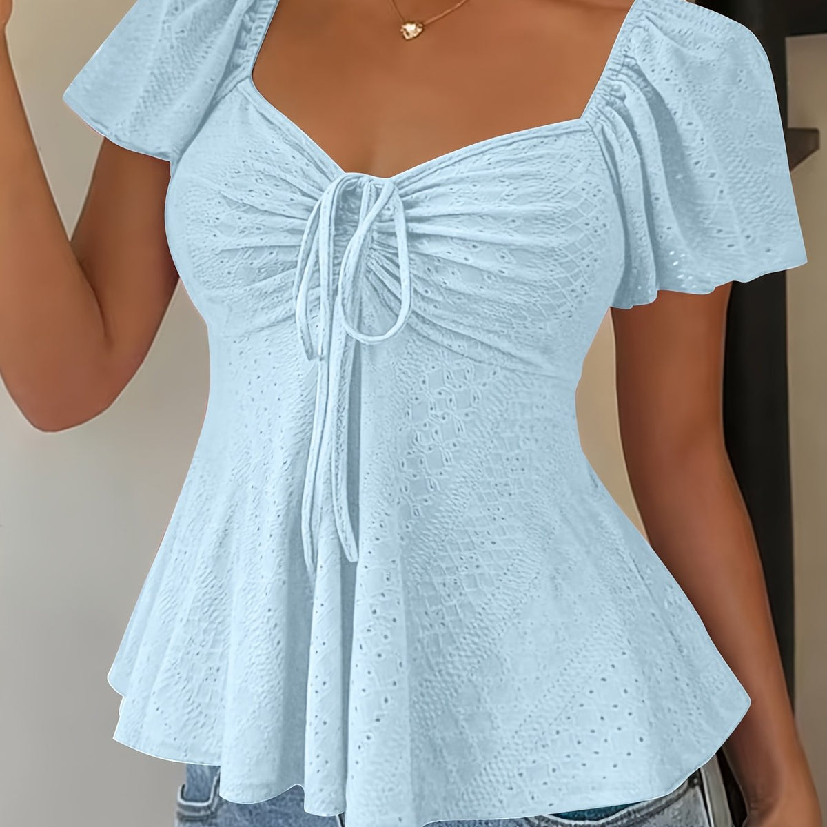 Women's Peplum Top | Sweetheart Neckline Flutter Sleeve Tie Closure