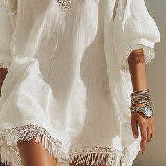 Women's Mini Dress | V-Neck Puff Sleeve Lace Tassel