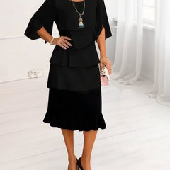 Women's Ruffle Dress | Midi Length Round Neck Split Sleeves