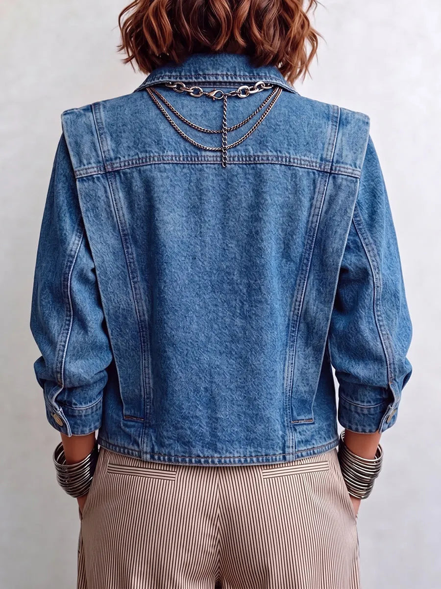 Women's Denim Jacket | Collared Button Closure Long Sleeve