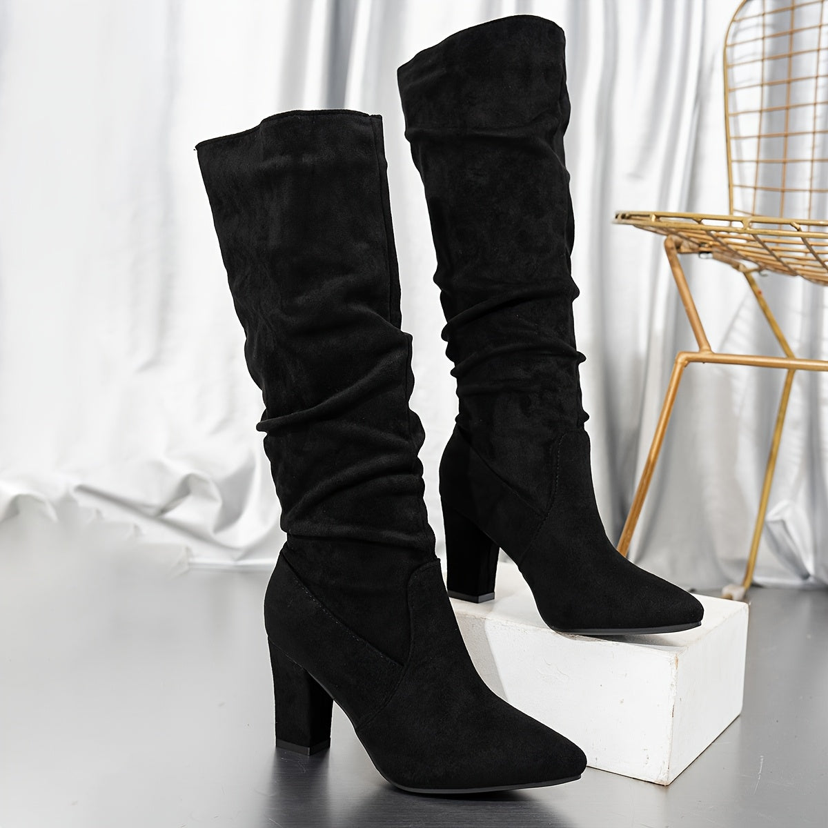 Women's Slouch Boots | Knee-High Block Heel Suede