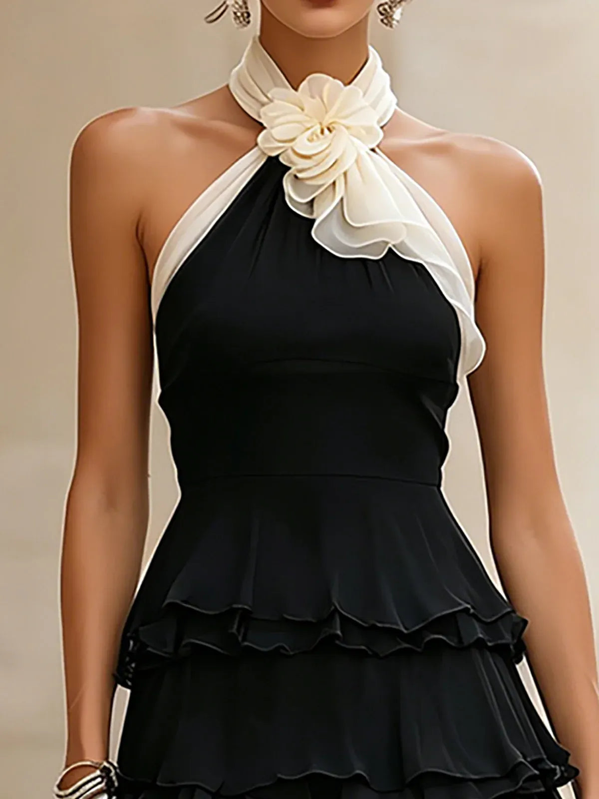 Women's Floral Mini Dress | Halter Neck Tiered Ruffle Chiffon