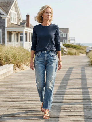 Women's Straight Leg Jeans | Retro Wash Distressed Ankle Denim