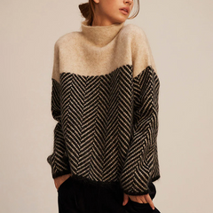 Women's Cashmere Sweater | Turtleneck Herringbone Knit Colorblock