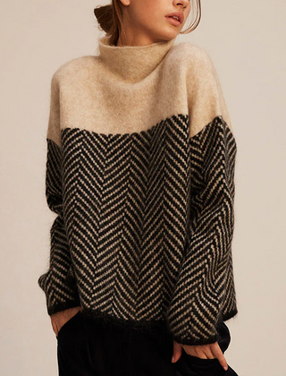 Women's Cashmere Sweater | Turtleneck Herringbone Knit Colorblock