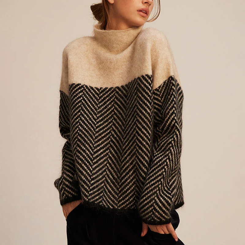 Women's Cashmere Sweater | Turtleneck Herringbone Knit Colorblock