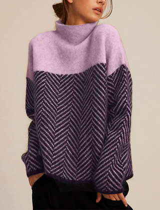 Women's Cashmere Sweater | Turtleneck Herringbone Knit Colorblock