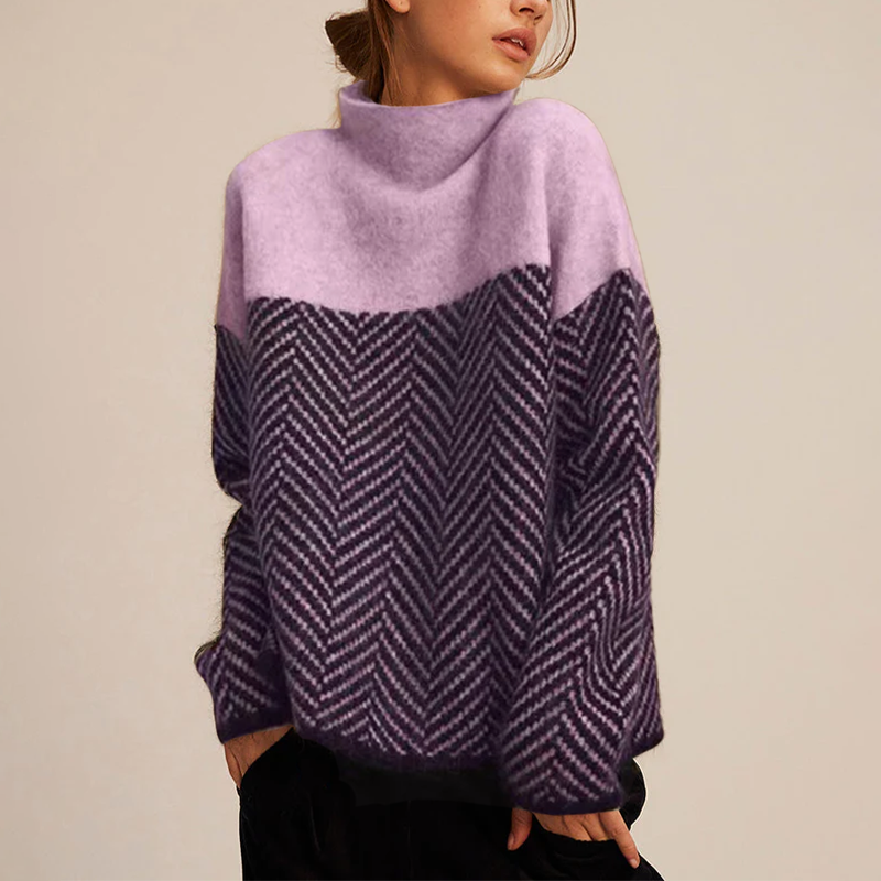 Women's Cashmere Sweater | Turtleneck Herringbone Knit Colorblock