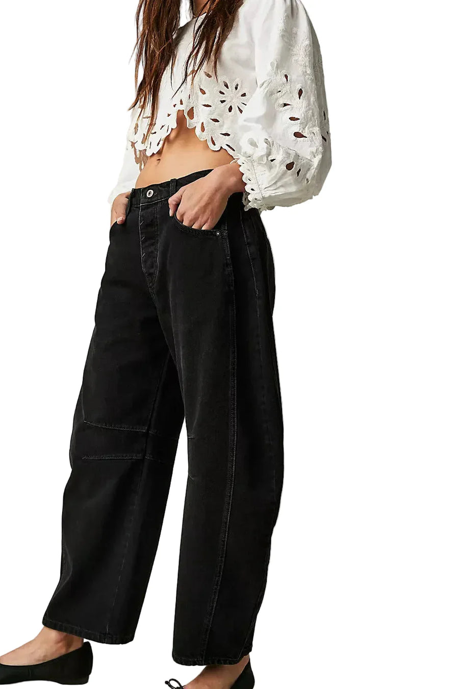 Women's Black Jeans | Wide Leg Denim Button Closure