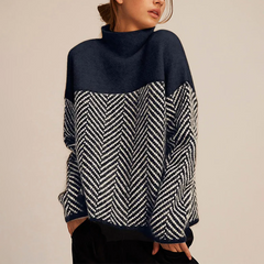 Women's Cashmere Sweater | Turtleneck Herringbone Knit Colorblock