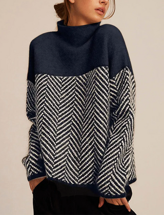 Women's Cashmere Sweater | Turtleneck Herringbone Knit Colorblock