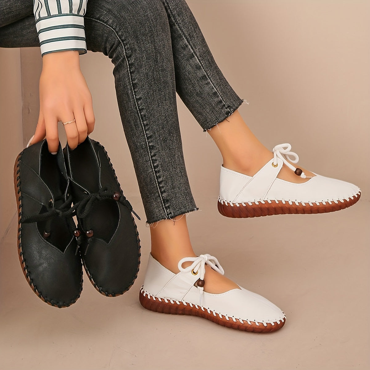 Women's Ballet Flats | Lace-Up Leather Casual